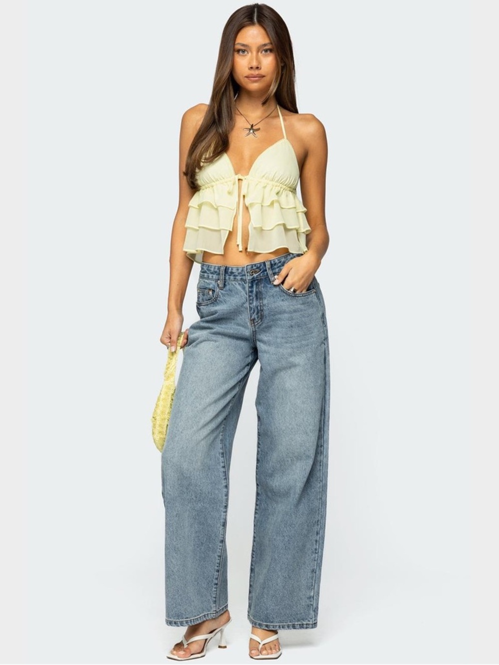 Edikted Wide Leg Jeans Light Wash Blue High Rise Baggy Denim M